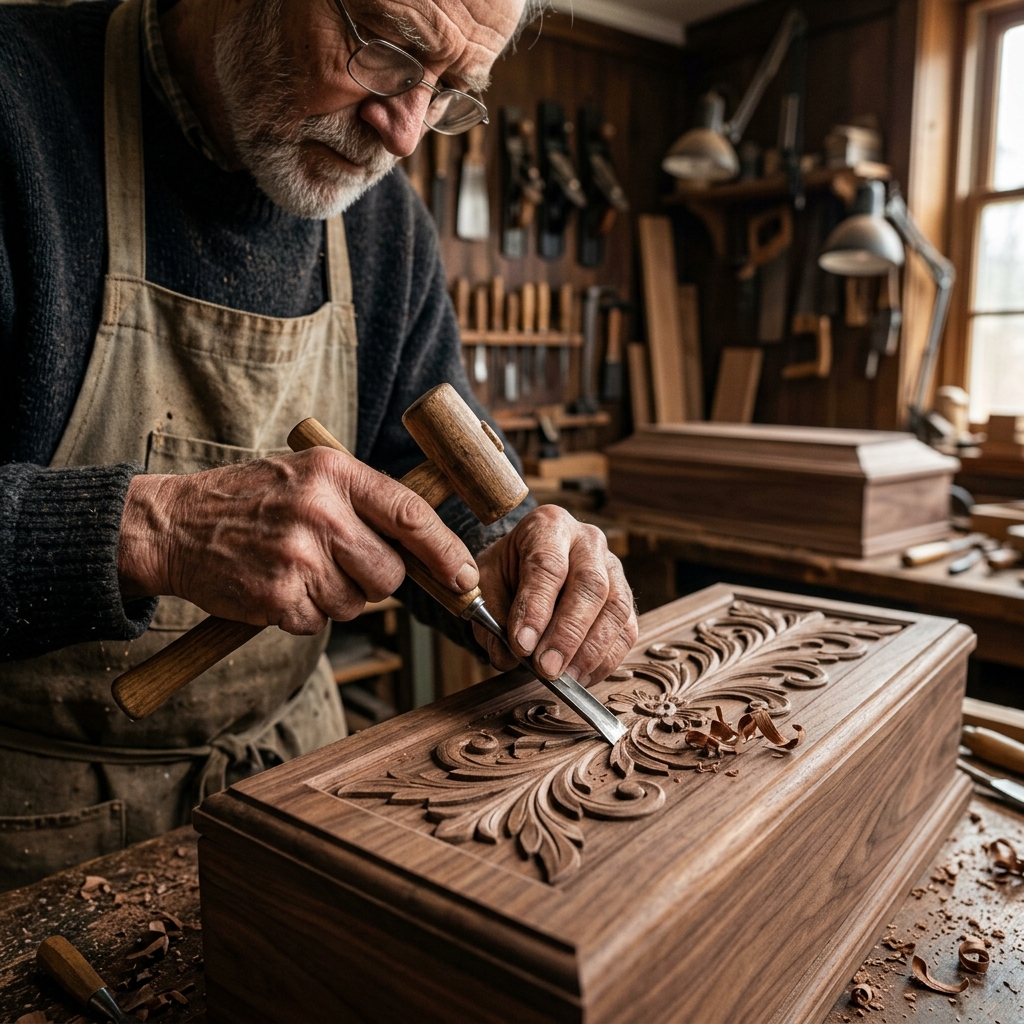 Manos artesanas trabajando en madera para urnas